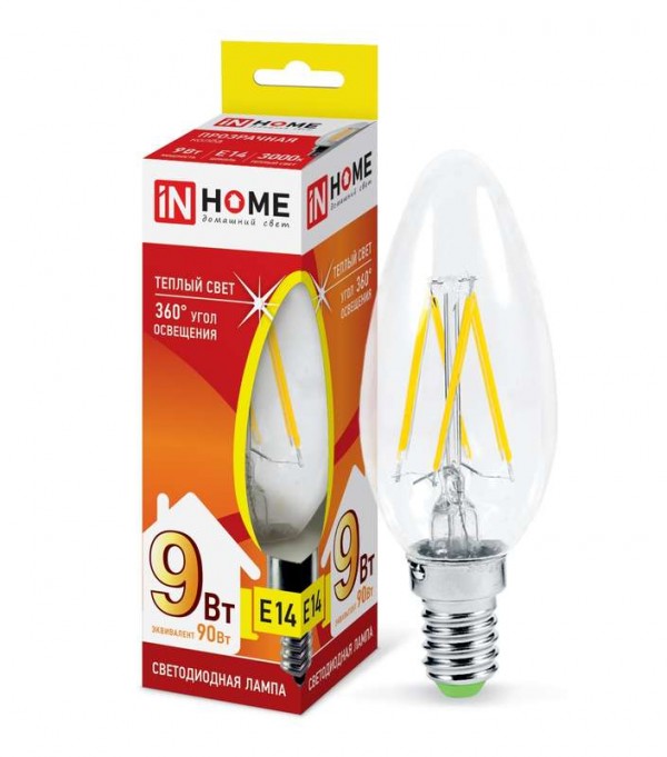  Лампа светодиодная LED-СВЕЧА-deco 9Вт 230В E14 3000К 810лм прозр. IN HOME 4690612026183 