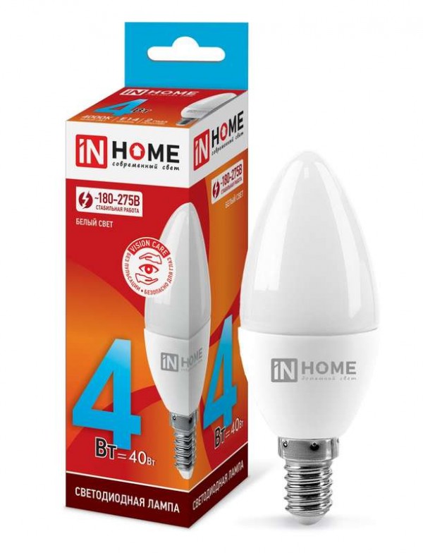  Лампа светодиодная LED-СВЕЧА-VC 4Вт 230В E14 4000К 360лм IN HOME 4690612030159 