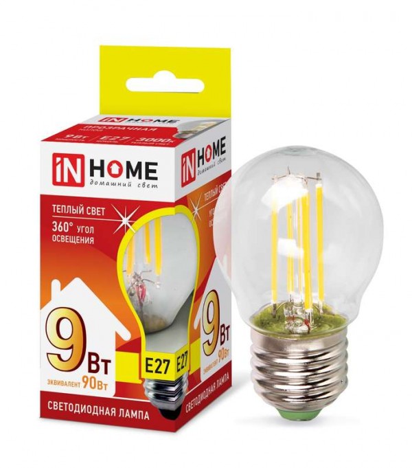  Лампа светодиодная LED-ШАР-deco 9Вт 230В E27 3000К 810лм прозр. IN HOME 4690612026268 