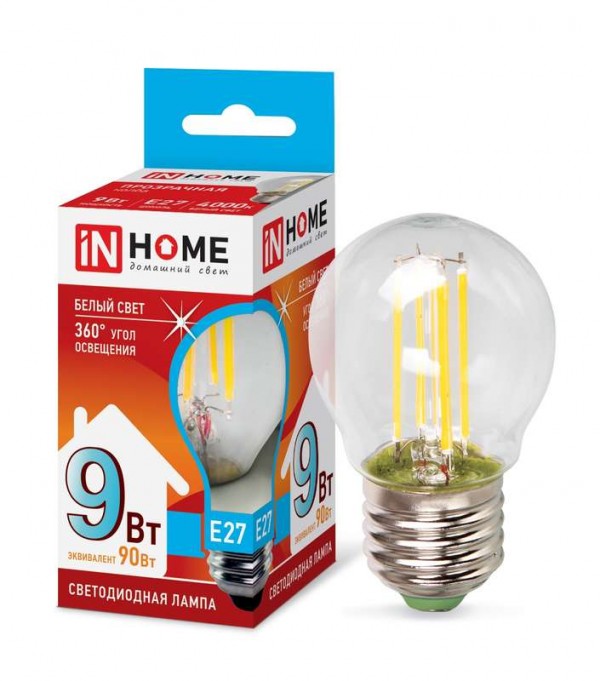  Лампа светодиодная LED-ШАР-deco 9Вт 230В E27 4000К 810лм прозр. IN HOME 4690612026282 