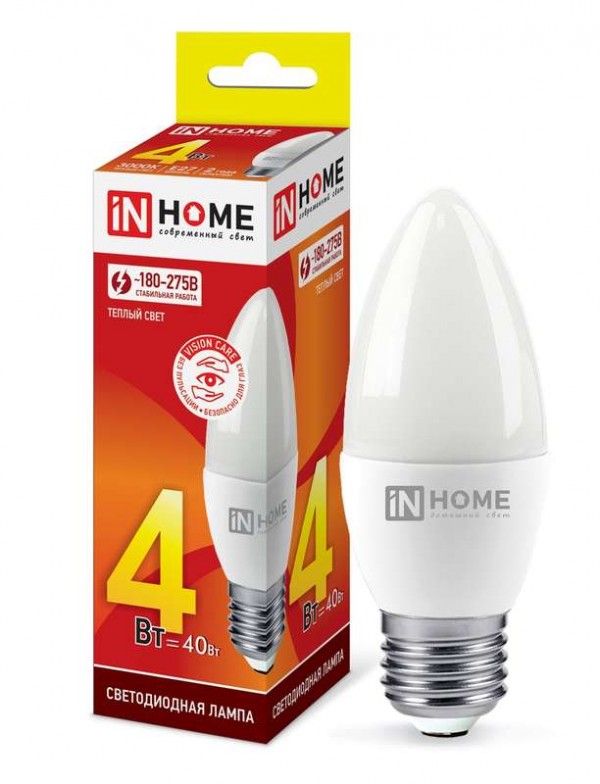  Лампа светодиодная LED-СВЕЧА-VC 4Вт 230В E27 3000К 360лм IN HOME 4690612030111 