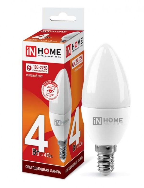  Лампа светодиодная LED-СВЕЧА-VC 4Вт 230В E14 6500К 360лм IN HOME 4690612030135 