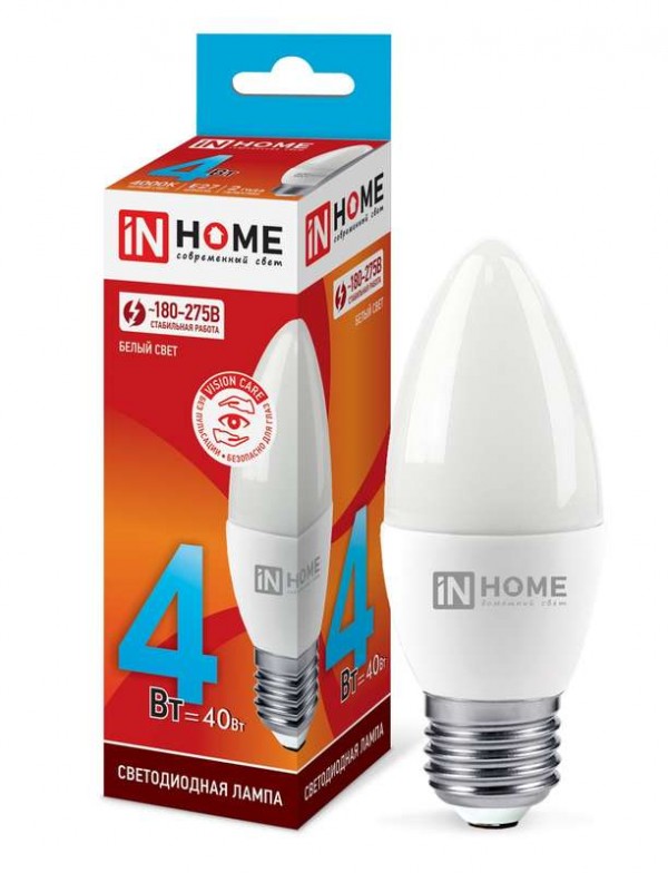  Лампа светодиодная LED-СВЕЧА-VC 4Вт 230В E27 4000К 360лм IN HOME 4690612030098 