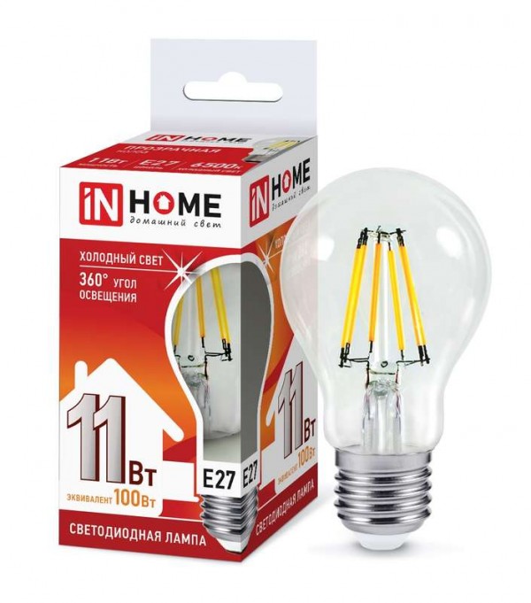  Лампа светодиодная LED-A60-deco 11Вт 230В Е27 6500К 990лм прозр. IN HOME 4690612026169 