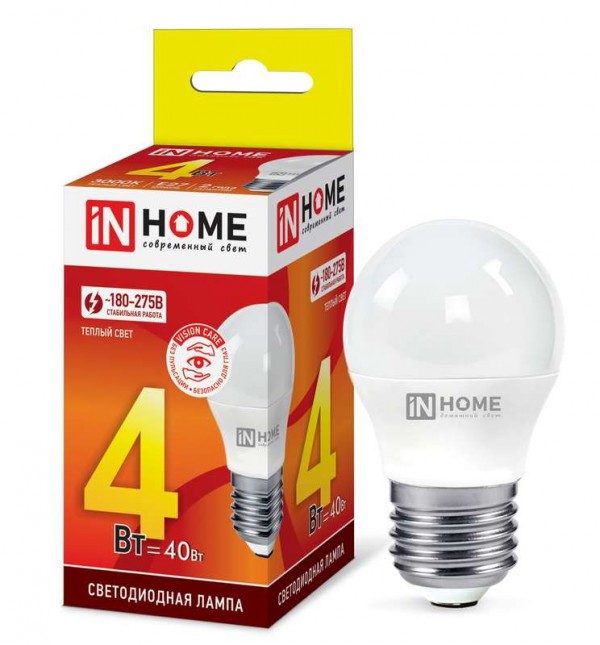  Лампа светодиодная LED-ШАР-VC 4Вт 230В E27 3000К 360лм IN HOME 4690612030579 