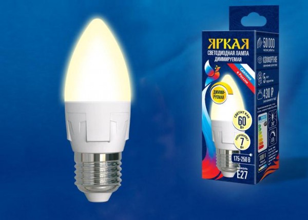  Лампа светодиодная LED-C37 7W/3000K/E27/FR/DIM PLP01WH Яркая 7Вт свеча 3000К тепл. бел. диммир. мат. картон Uniel UL-00004297 