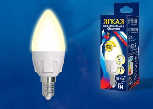  Лампа светодиодная LED-C37 7W/3000K/E14/FR/DIM PLP01WH Яркая 7Вт свеча 3000К тепл. бел. диммир. мат. картон Uniel UL-00004296 