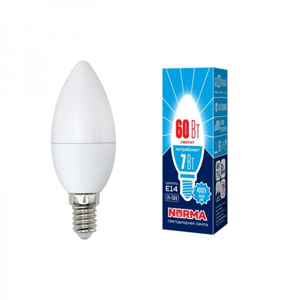  Лампа светодиодная LED-C37-7W/NW/E14/FR/NR Norma 3000К мат. бел. свет картон Volpe UL-00003795 
