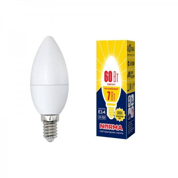  Лампа светодиодная LED-C37-7W/WW/E14/FR/NR Norma мат. картон Volpe UL-00003796 