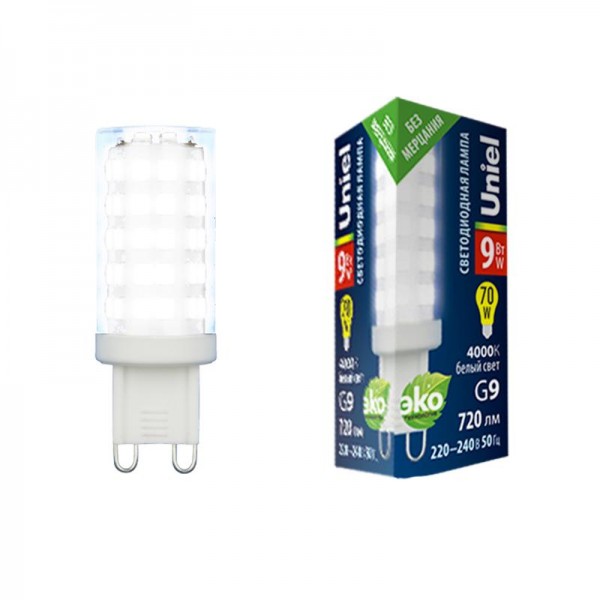  Лампа светодиодная LED-JCD-9W/4000K/G9/CL GLZ09TR прозр. картон Uniel UL-00006489 