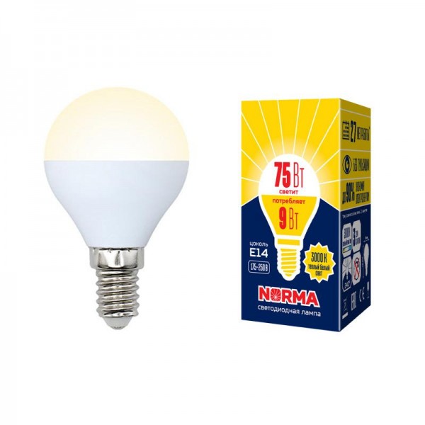  Лампа светодиодная LED-G45-9W/WW/E14/FR/NR Norma мат. картон Volpe UL-00003826 