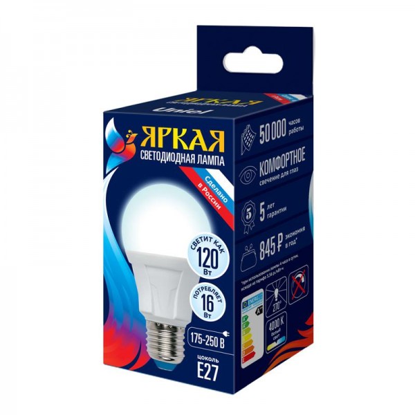  Лампа светодиодная LED-A60 16W/4000K/E27/FR PLP01WH Яркая мат. картон Uniel UL-00005034 