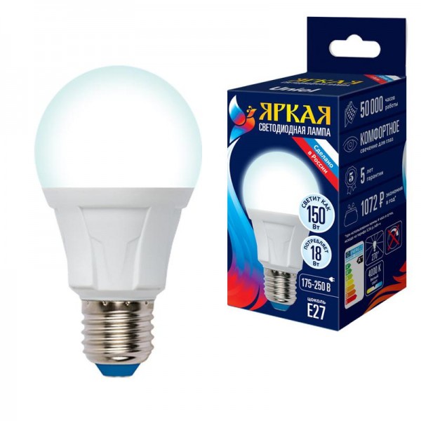  Лампа светодиодная LED-A60 18W/4000K/E27/FR PLP01WH Яркая мат. картон Uniel UL-00005037 