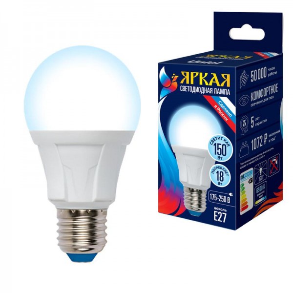  Лампа светодиодная LED-A60 18W/6500K/E27/FR PLP01WH Яркая мат. картон Uniel UL-00005038 