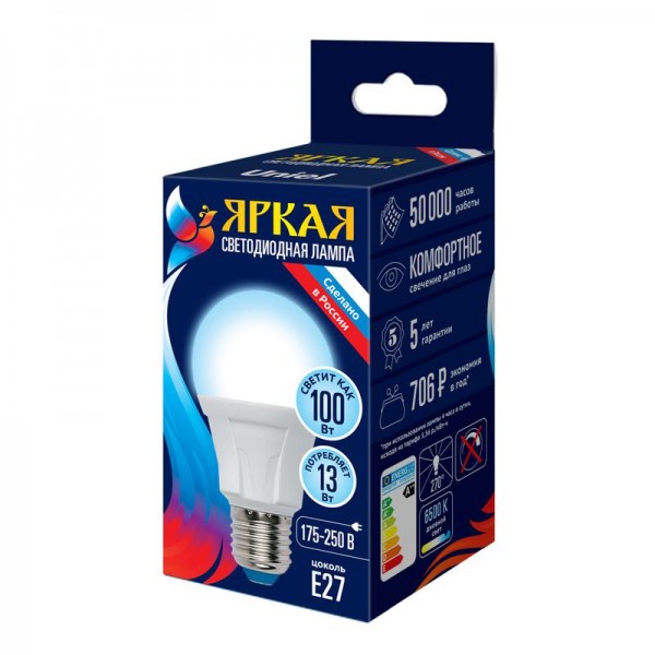  Лампа светодиодная LED-A60 13W/6500K/E27/FR PLP01WH Яркая мат. картон Uniel UL-00005032 