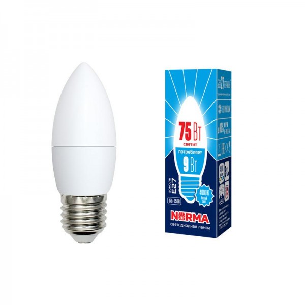  Лампа светодиодная LED-C37-9W/NW/E27/FR/NR Norma мат. картон Volpe UL-00003806 