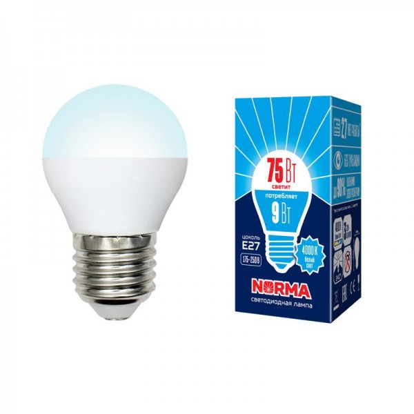 Лампа светодиодная LED-G45-9W/NW/E27/FR/NR Norma мат. картон Volpe UL-00003828 