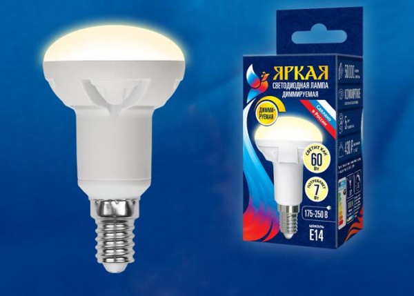  Лампа светодиодная LED-R50 7W/3000K/E14/FR/DIM PLP01WH Яркая диммир. мат. картон Uniel UL-00004710 
