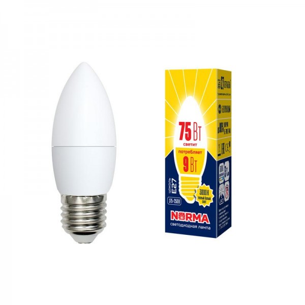  Лампа светодиодная LED-C37-9W/WW/E27/FR/NR Norma мат. картон Volpe UL-00003807 