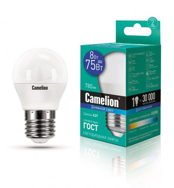  Лампа светодиодная LED8-G45/865/E27 8Вт 220В Camelion 13373 