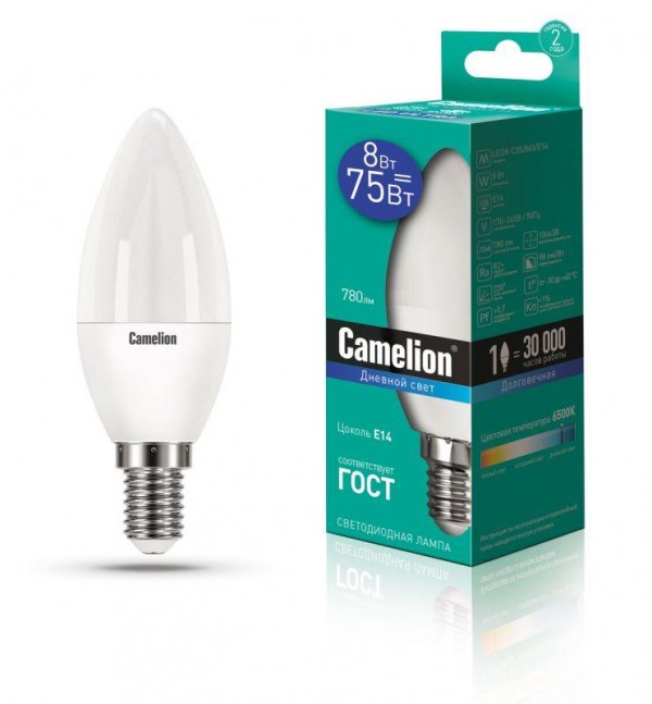  Лампа светодиодная LED8-C35/865/E14 8Вт 220В Camelion 13370 