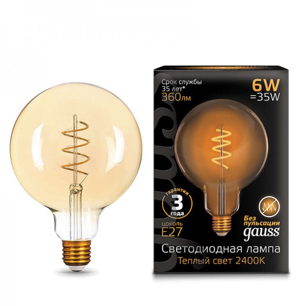  Лампа светодиодная Black Filament G120 Flexible 6Вт 2400К E27 Golden Gauss 158802008 