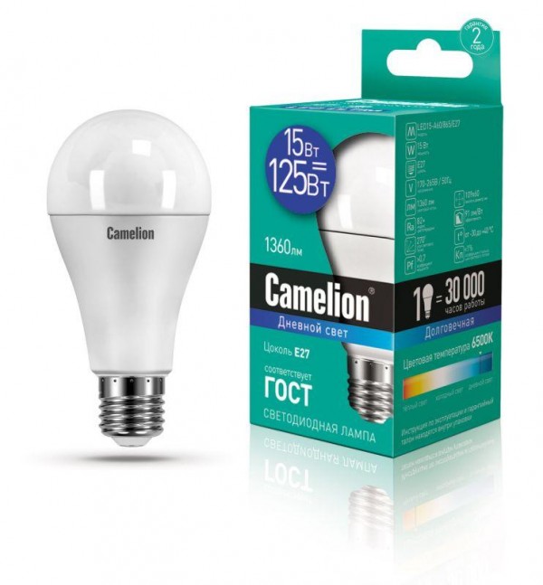  Лампа светодиодная LED15-A60/865/E27 15Вт грушевидная 220В Camelion 12713 