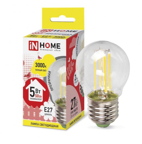  Лампа светодиодная LED-ШАР-deco 5Вт 230В E27 3000К 450Лм прозр. IN HOME 4690612007700 