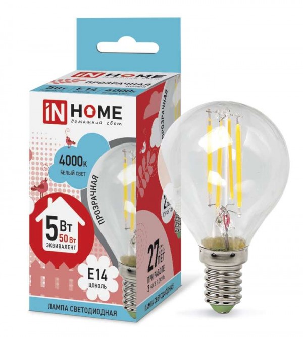  Лампа светодиодная LED-ШАР-deco 5Вт 230В E14 4000К 450Лм прозр. IN HOME 4690612007694 