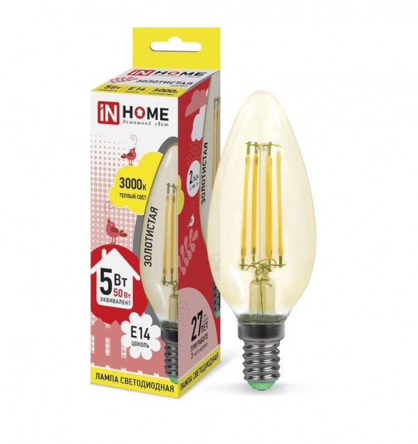  Лампа светодиодная LED-СВЕЧА-deco 5Вт 230В E14 3000К 450Лм зол. IN HOME 4690612007182 