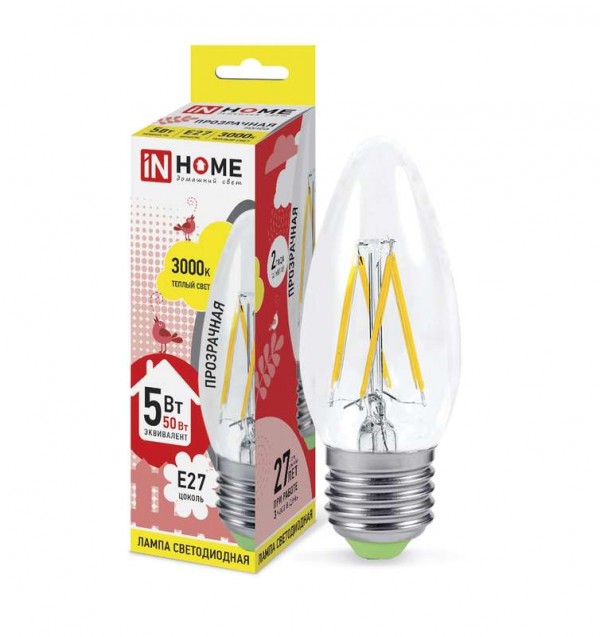  Лампа светодиодная LED-СВЕЧА-deco 5Вт 230В E27 3000К 450Лм прозр. IN HOME 4690612007588 