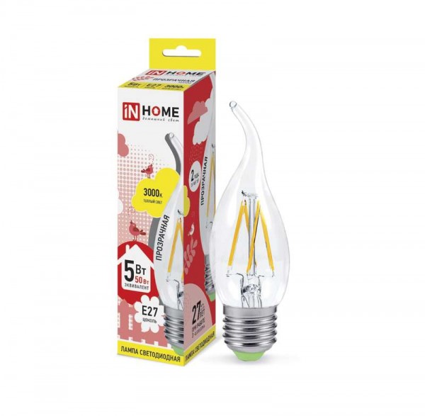  Лампа светодиодная LED-свеча на ветру-deco 5Вт 230В E27 3000К 450Лм прозрачная IN HOME 4690612007649 