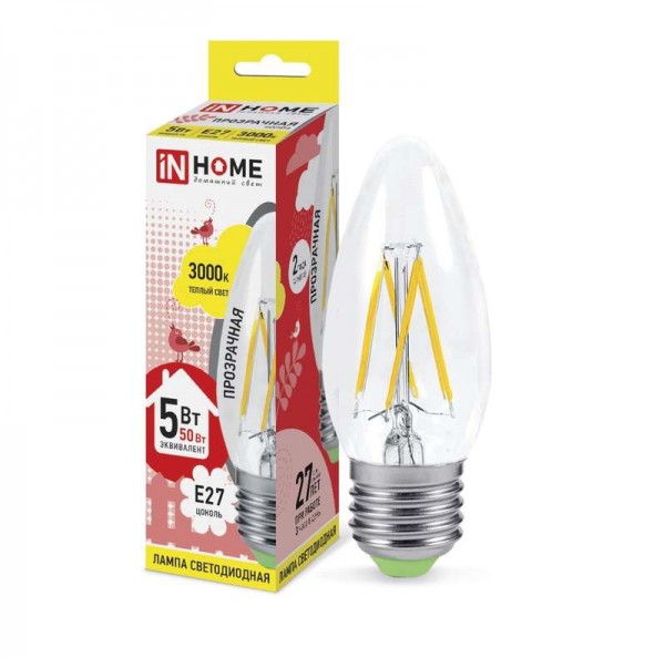  Лампа светодиодная LED-свеча-deco 5Вт 230В E14 4000К 450Лм прозрачная IN HOME 4690612007571 
