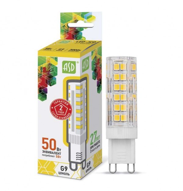  Лампа светодиодная LED-JCD-standard 5Вт капсульная 3000К тепл. бел. G9 450лм 160-260В ASD 4690612004594 