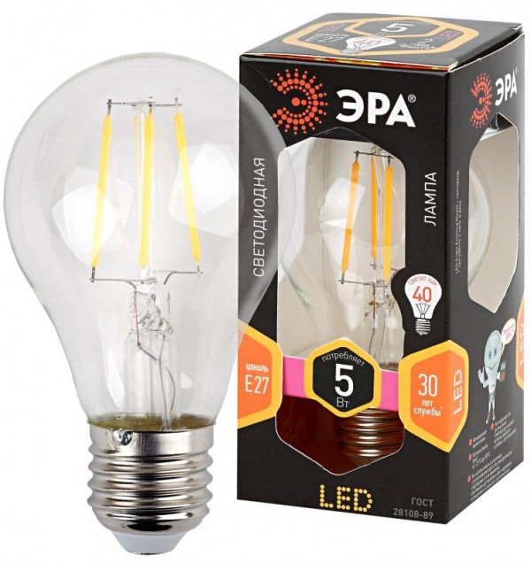  Лампа светодиодная F-LED А60-5w-827-E27 ЭРА Б0019010 