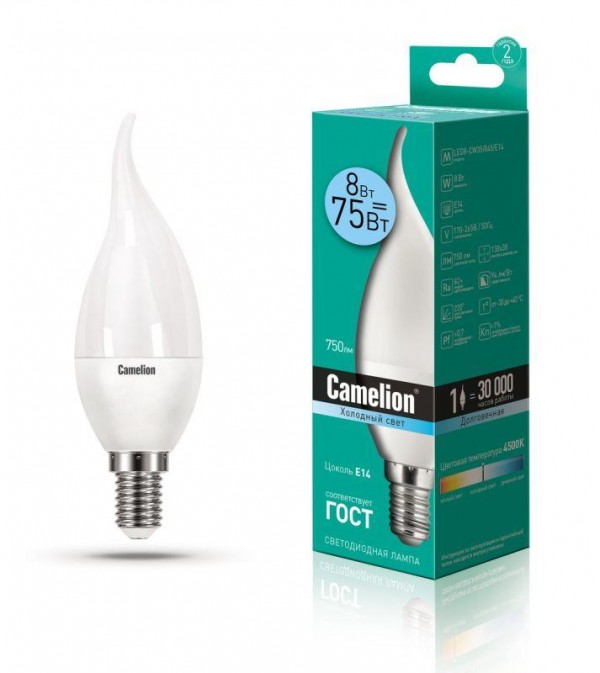  Лампа светодиодная LED8-CW35/845/E14 8Вт свеча на ветру 4500К бел. E14 750лм 220В Camelion 12388 