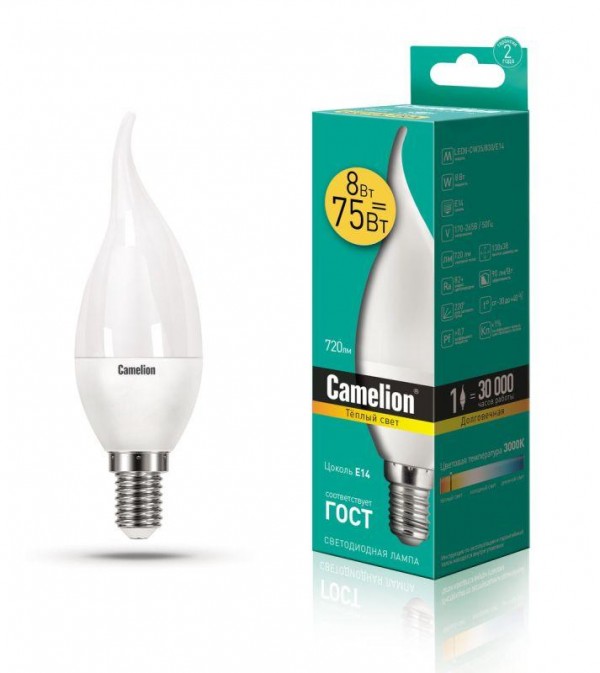  Лампа светодиодная LED8-CW35/830/E14 8Вт свеча на ветру 3000К тепл. бел. E14 720лм 220В Camelion 12387 
