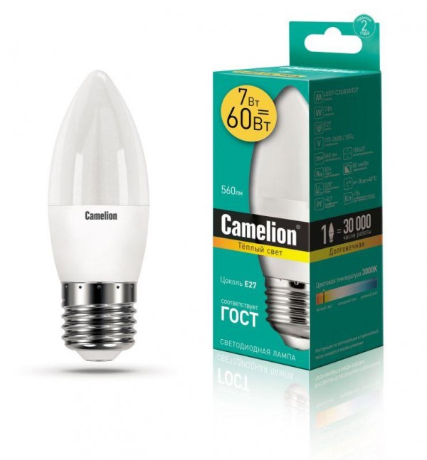  Лампа светодиодная LED7-C35/830/E27 7Вт свеча 3000К тепл. бел. E27 530лм 220В Camelion 12077 