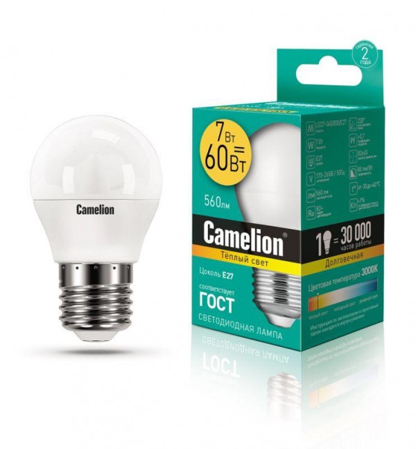  Лампа светодиодная LED7-G45/830/E27 7Вт шар 3000К тепл. бел. E27 530лм 220-240В Camelion 12070 