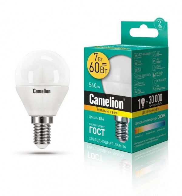  Лампа светодиодная LED7-G45/830/E14 7Вт шар 3000К тепл. бел. E14 530лм 220-240В Camelion 12069 