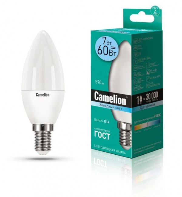  Лампа светодиодная LED7-C35/845/E14 7Вт свеча 4500К бел. E14 560лм 220-240В Camelion 12074 