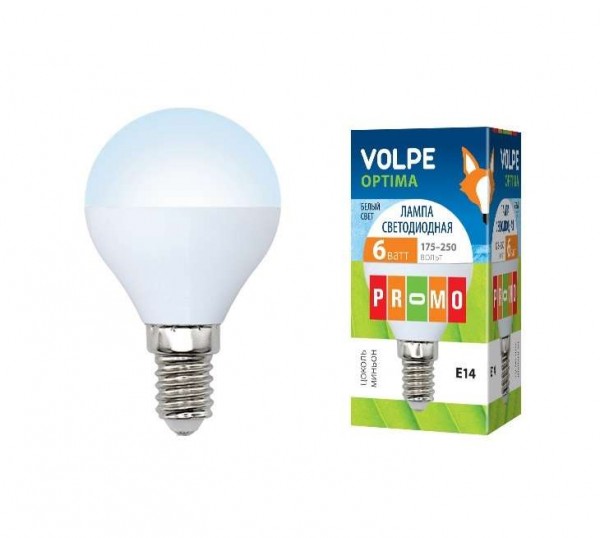  Лампа светодиодная LED-G45-6W/NW 6Вт шар 4500К бел. E14 450лм 175-250В Volpe 10215 