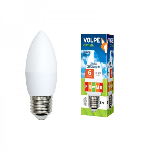  Лампа светодиодная LED-C37-6W/WW/E14/FR/O 6Вт свеча 3000К тепл. бел. E14 450лм 175-250В Volpe 10214 