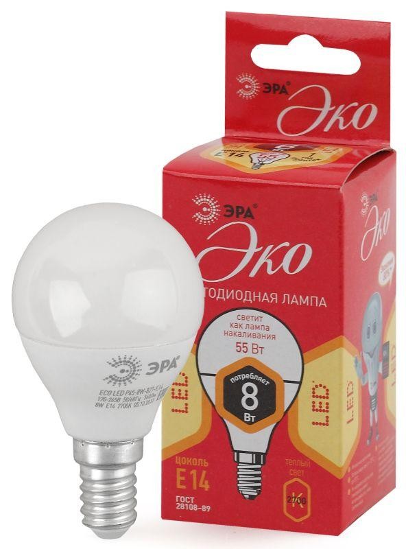  Лампа светодиодная smd P45-8w-827-E14 ECO ЭРА Б0030022 