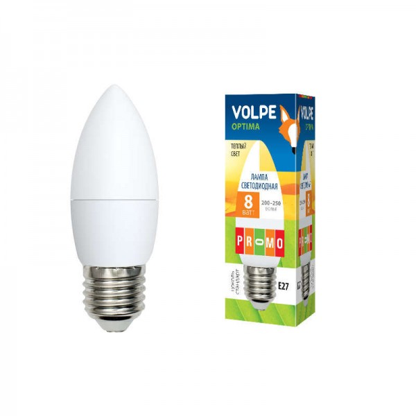 Лампа светодиодная LED-C37-8W/WW/E27/FR/O форма "свеча" мат. Optima свет теплый бел. 3000К упак. картон Volpe UL-00001770 