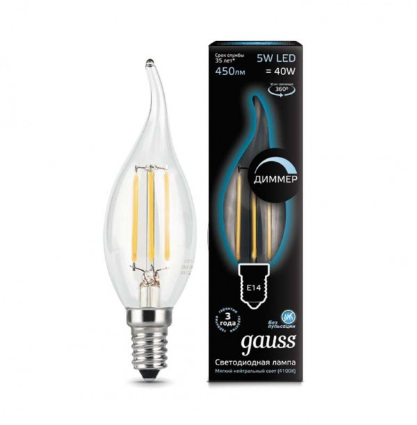  Лампа светодиодная Black Filament Свеча на ветру E14 5Вт 4100К диммир. Gauss 104801205-D 