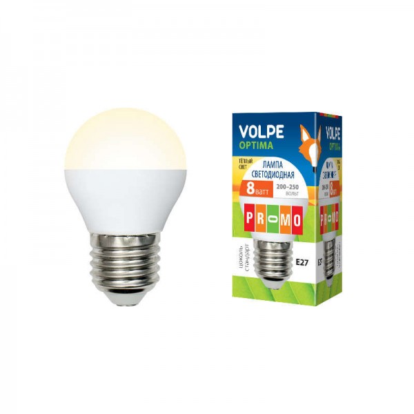  Лампа светодиодная LED-G45-8W/WW/E27/FR/O форма "шар" мат. Optima свет теплый бел. 3000К упак. картон Volpe UL-00001780 