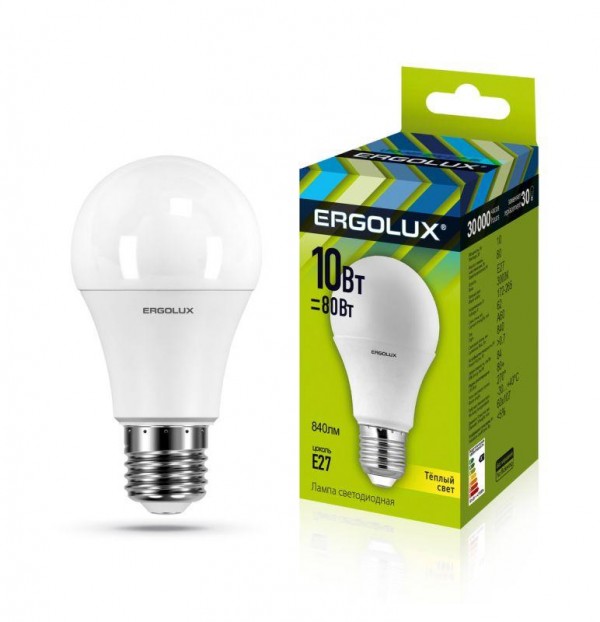  Лампа светодиодная LED-A60-10W-E27-3000K грушевидная ЛОН 172-265В Ergolux 12148 