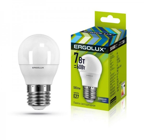  Лампа светодиодная LED-G45-7W-E27-6500K 172-265В "Шар" Ergolux 12877 