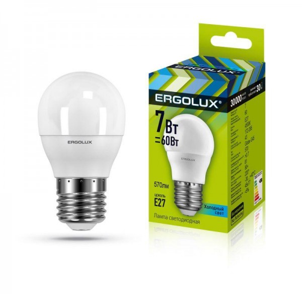  Лампа светодиодная LED-G45-7W-E27-4500K 172-265В "Шар" Ergolux 12145 